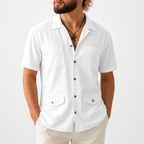 Men's Cotton Linen Blend Short Sleeve Shirt - Relaxed Fit, Notched Collar, Summer Casual White