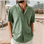 Men's Cotton Linen Blend Short Sleeve Shirt - Relaxed Fit, Notched Collar, Summer Casual