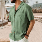 Men's Cotton Linen Blend Short Sleeve Shirt - Relaxed Fit, Notched Collar, Summer Casual