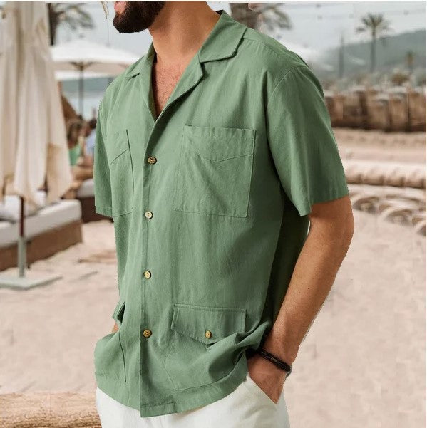 Men's Cotton Linen Blend Short Sleeve Shirt - Relaxed Fit, Notched Collar, Summer Casual