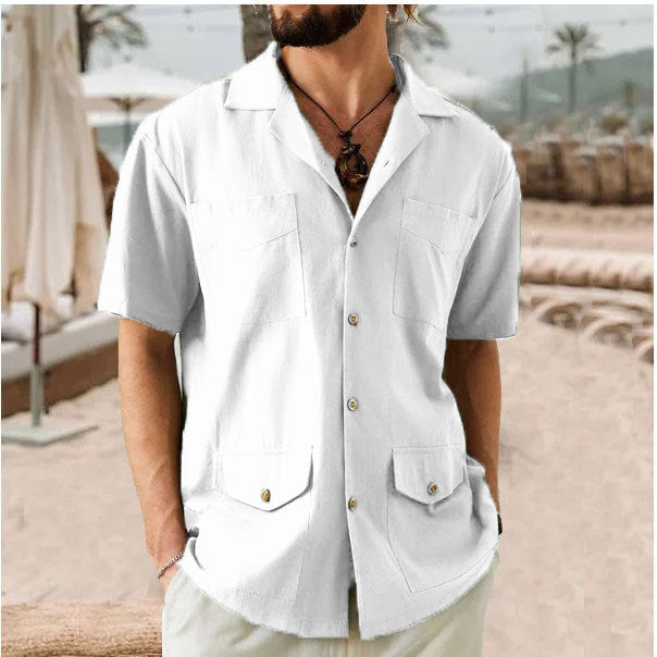 Men's Cotton Linen Blend Short Sleeve Shirt - Relaxed Fit, Notched Collar, Summer Casual