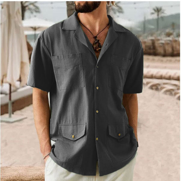 Men's Cotton Linen Blend Short Sleeve Shirt - Relaxed Fit, Notched Collar, Summer Casual