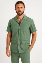 Men's Cotton Linen Blend Short Sleeve Shirt - Relaxed Fit, Notched Collar, Summer Casual Green