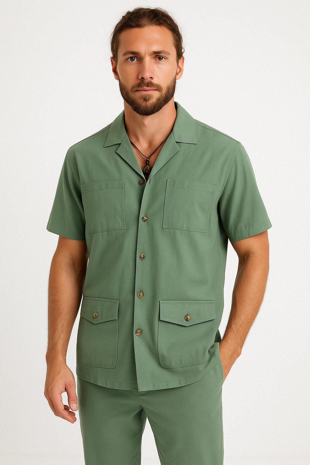 Men's Cotton Linen Blend Short Sleeve Shirt - Relaxed Fit, Notched Collar, Summer Casual Green