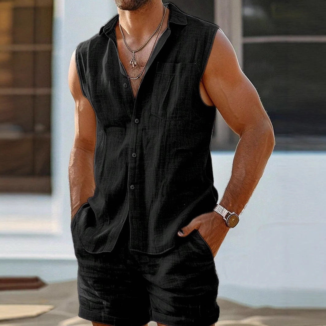 Men's Cotton Linen Relaxed Fit Shirt & Shorts 2 Piece Set - Casual Wear for Summer