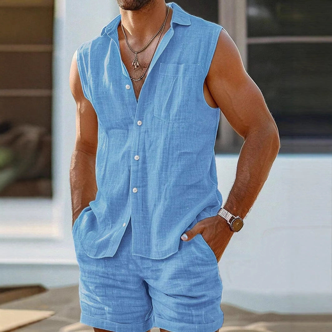 Men's Cotton Linen Relaxed Fit Shirt & Shorts 2 Piece Set - Casual Wear for Summer Blue