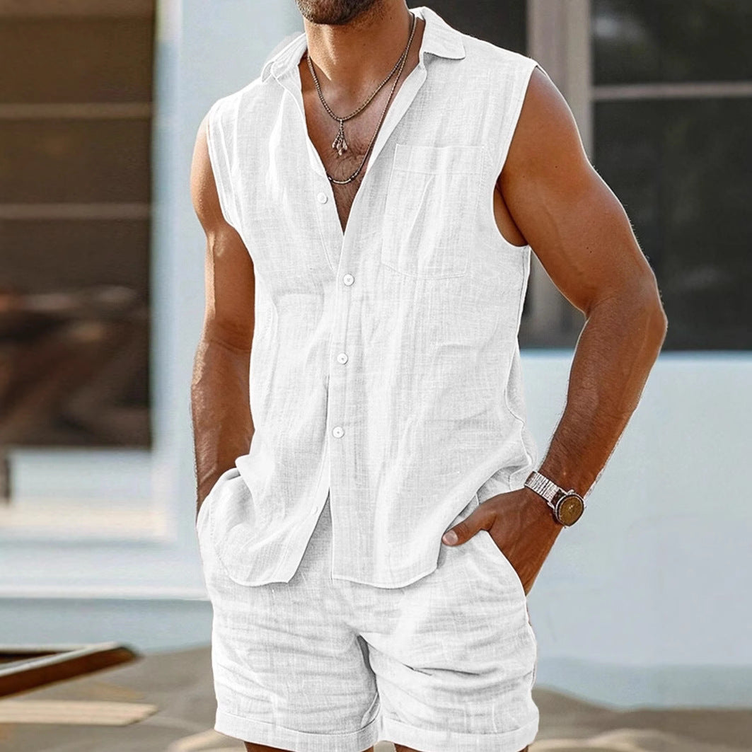 Men's Cotton Linen Relaxed Fit Shirt & Shorts 2 Piece Set - Casual Wear for Summer White