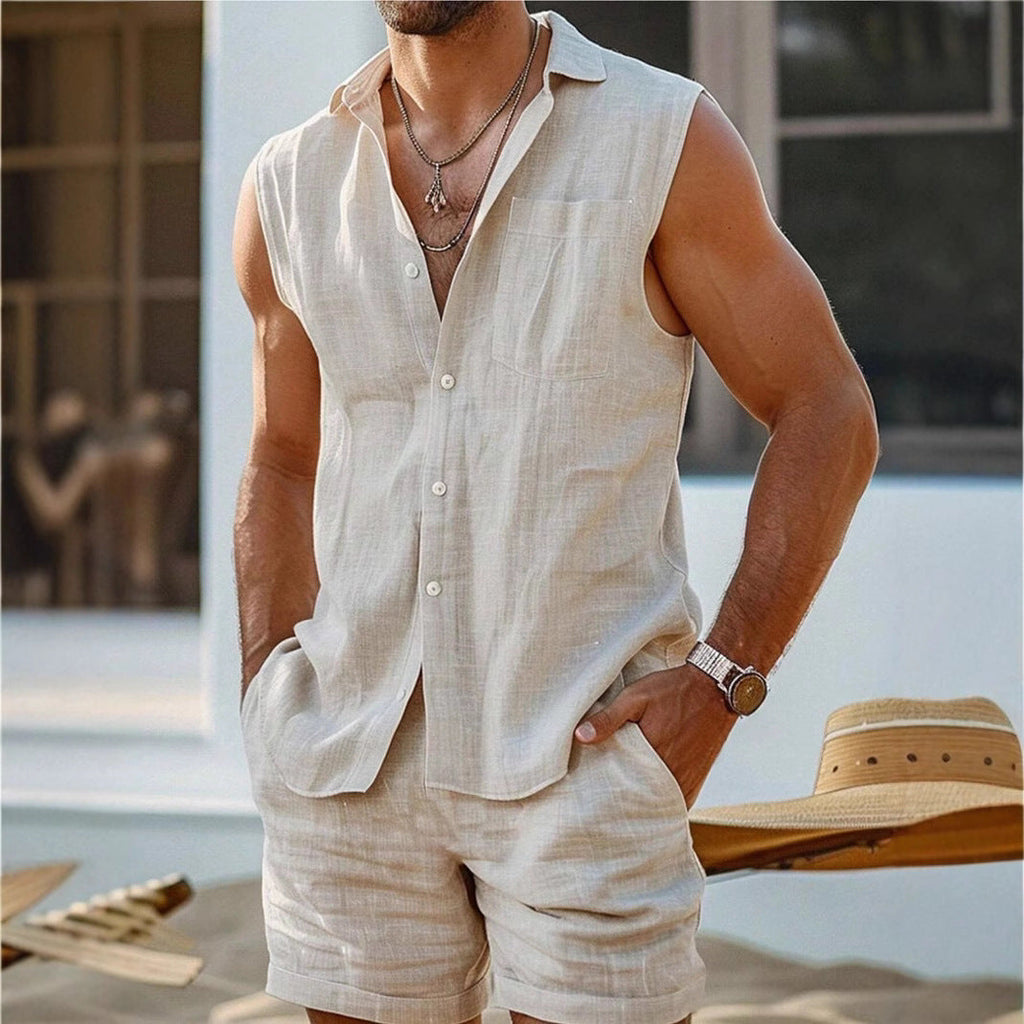 Men's Cotton Linen Relaxed Fit Shirt & Shorts 2 Piece Set - Casual Wear for Summer