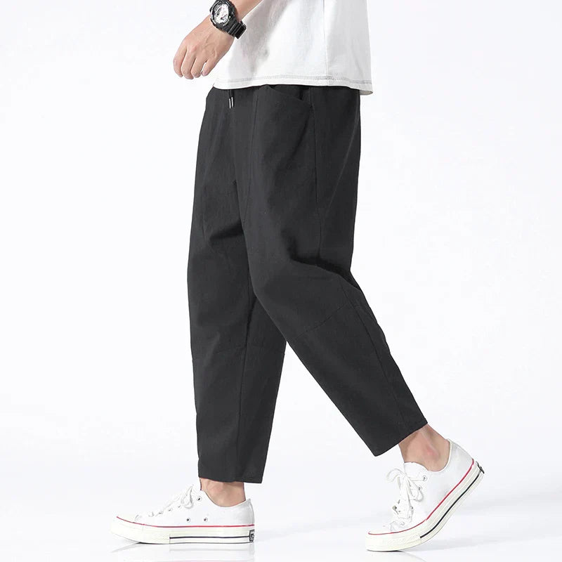 Men’s Cropped Linen Trousers – Lightweight Tapered Fit for Effortless for SummerSummer Style Black