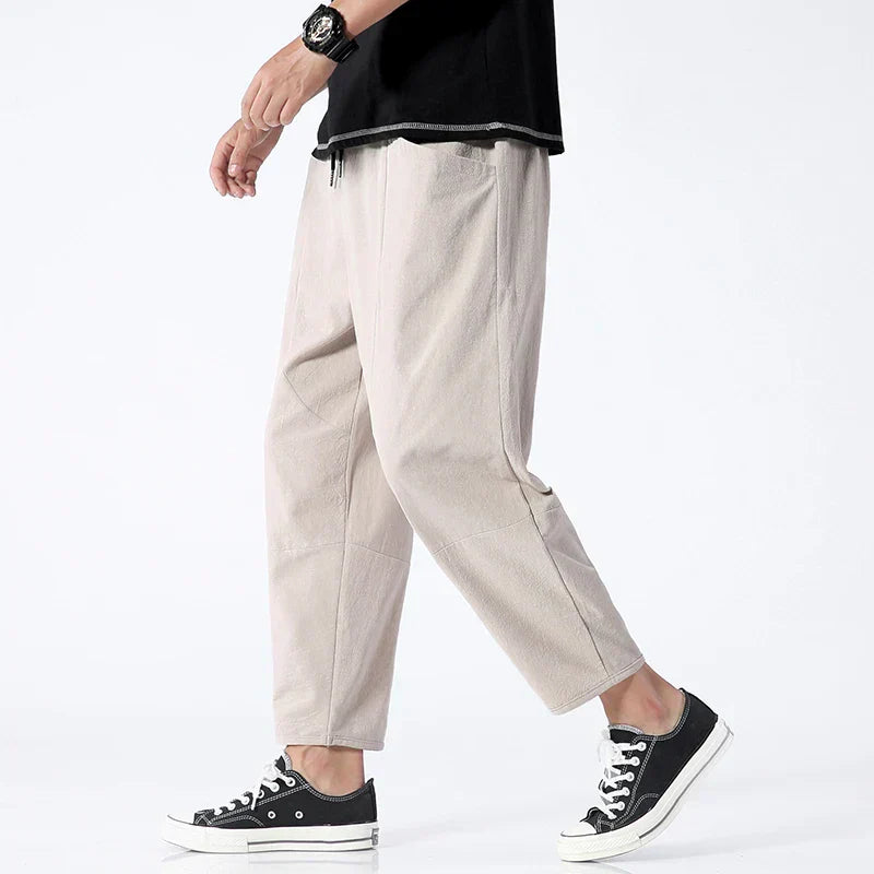 Men’s Cropped Linen Trousers – Lightweight Tapered Fit for Effortless for SummerSummer Style Khaki