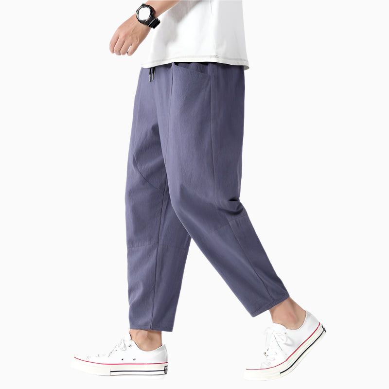Men’s Cropped Linen Trousers – Lightweight Tapered Fit for Effortless for SummerSummer Style Purple
