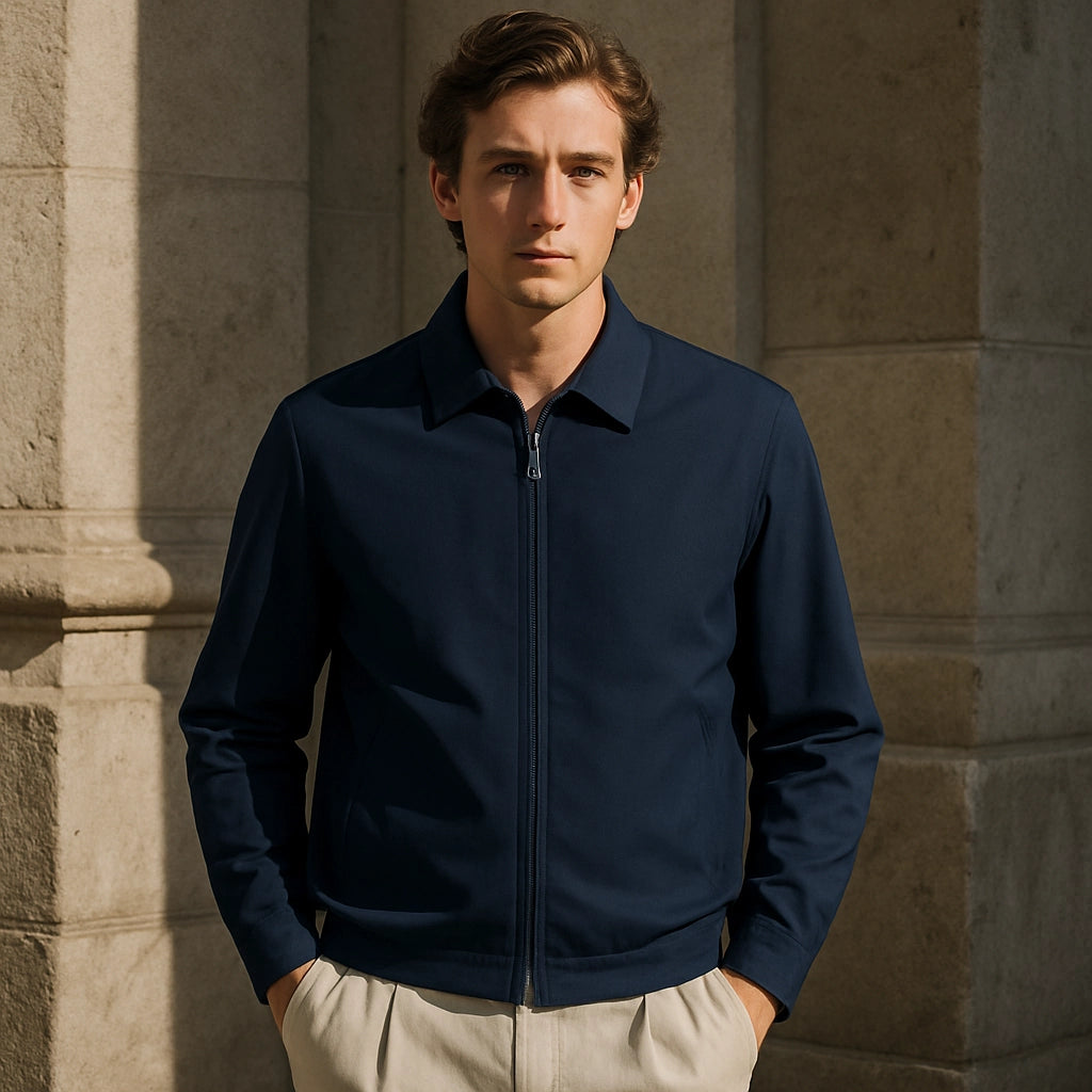 Men's Harrington Jacket - Lightweight Zip-Up Bomber, Minimalist Old Money Style, Smart Casual Outerwear