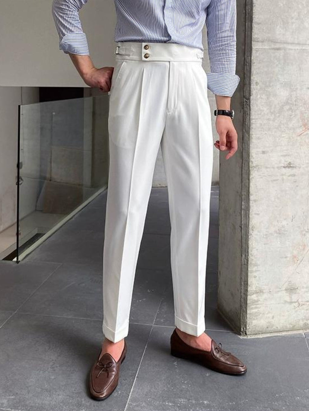 Men’s High-Waisted Gurkha Trousers – Classic Tailored Pleated Pants for Timeless Sophistication White
