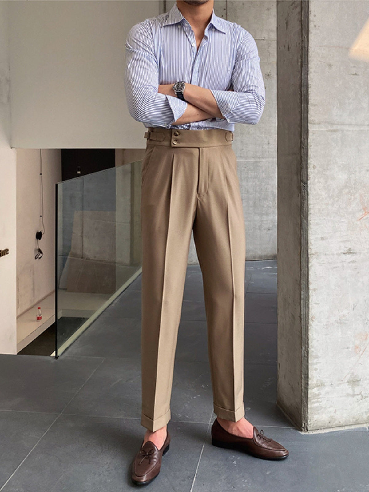 Men’s High-Waisted Gurkha Trousers – Classic Tailored Pleated Pants for Timeless Sophistication Khaki