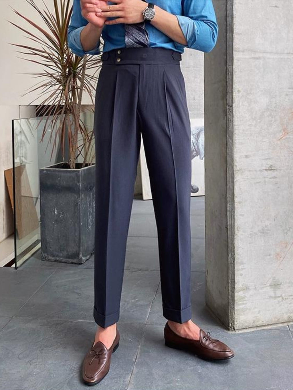 Men’s High-Waisted Gurkha Trousers – Classic Tailored Pleated Pants for Timeless Sophistication