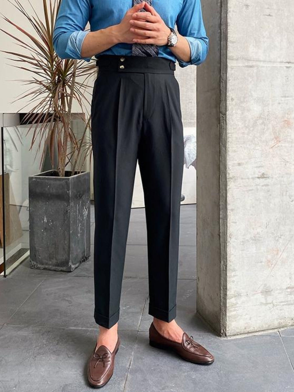 Men’s High-Waisted Gurkha Trousers – Classic Tailored Pleated Pants for Timeless Sophistication Black