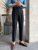 Men’s High-Waisted Gurkha Trousers – Classic Tailored Pleated Pants for Timeless Sophistication Black