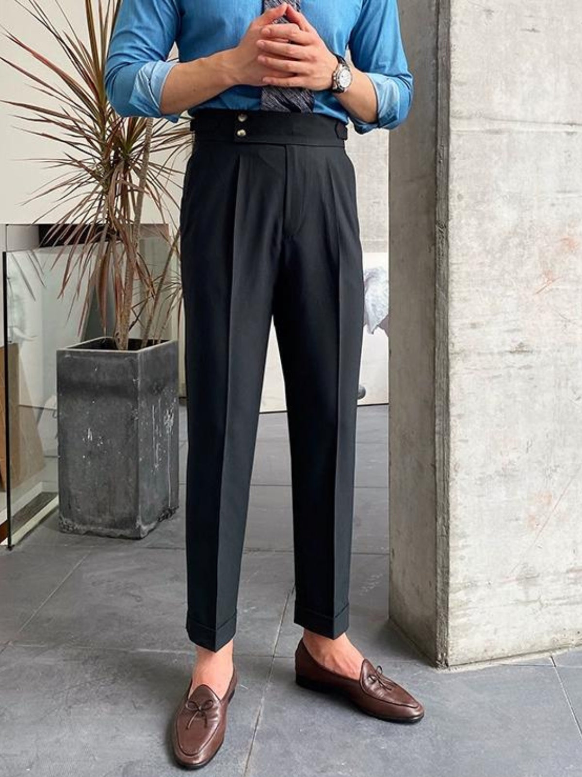 Men’s High-Waisted Gurkha Trousers – Classic Tailored Pleated Pants for Timeless Sophistication Black