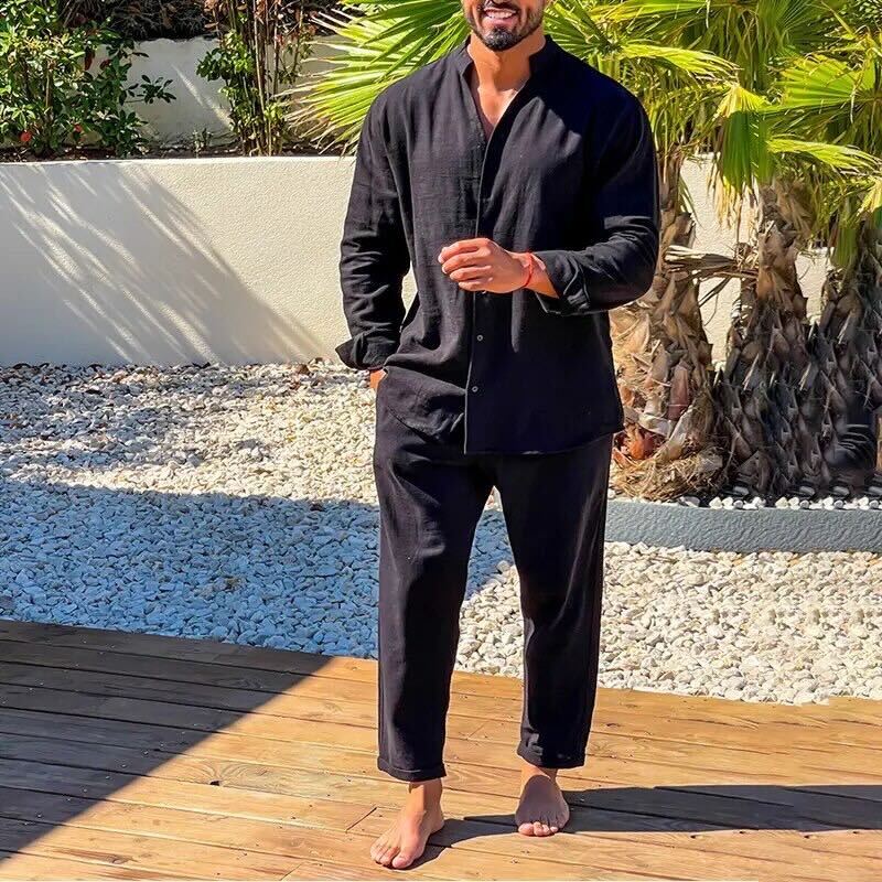 Men's Lightweight Linen Set - Relaxed Fit Shirt & Straight-Leg Trousers Black