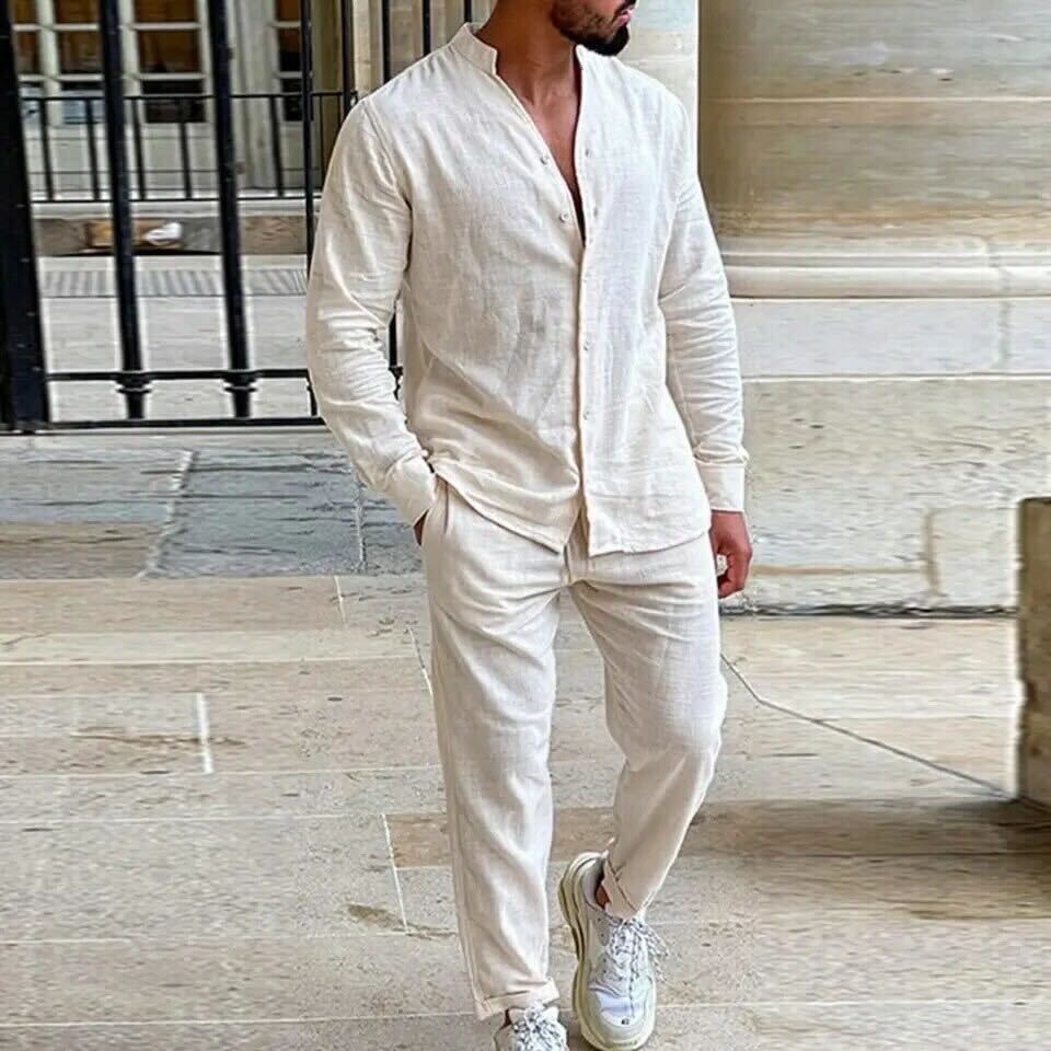 Men's Lightweight Linen Set - Relaxed Fit Shirt & Straight-Leg Trousers Beige