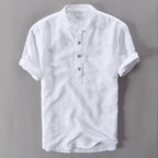 Men's Lightweight Linen Shirt - Short Sleeve, Mandarin Collar Casual Wear White