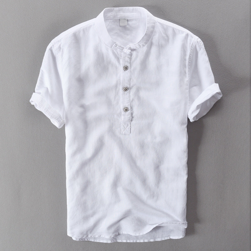 Men's Lightweight Linen Shirt - Short Sleeve, Mandarin Collar Casual Wear White