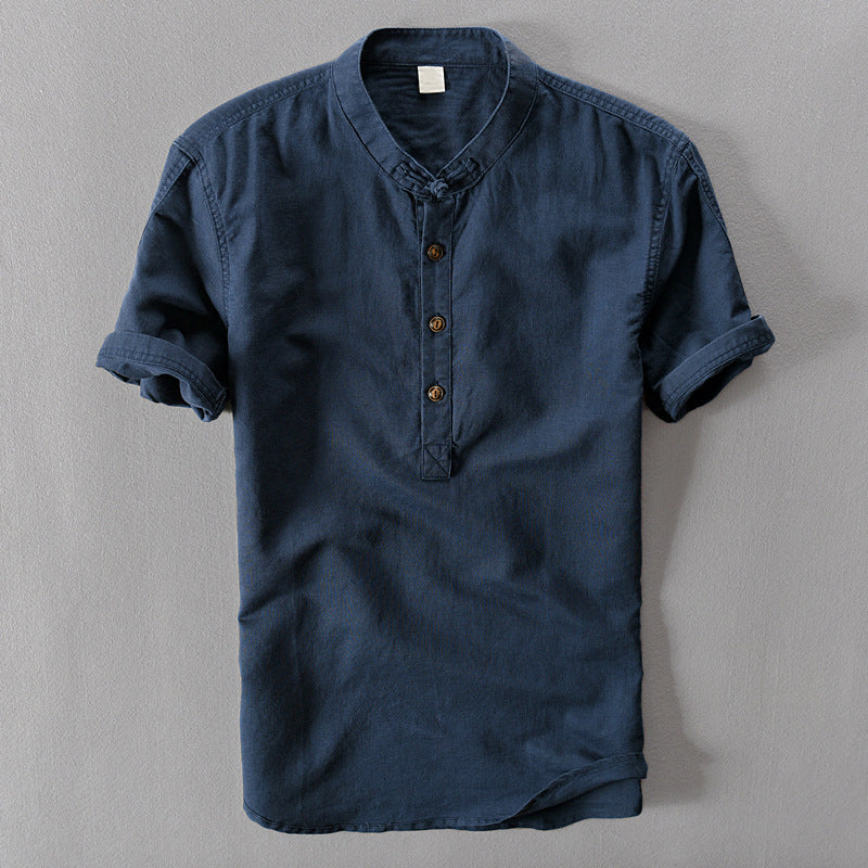 Men's Lightweight Linen Shirt - Short Sleeve, Mandarin Collar Casual Wear Navy