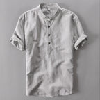 Men's Lightweight Linen Shirt - Short Sleeve, Mandarin Collar Casual Wear Grey