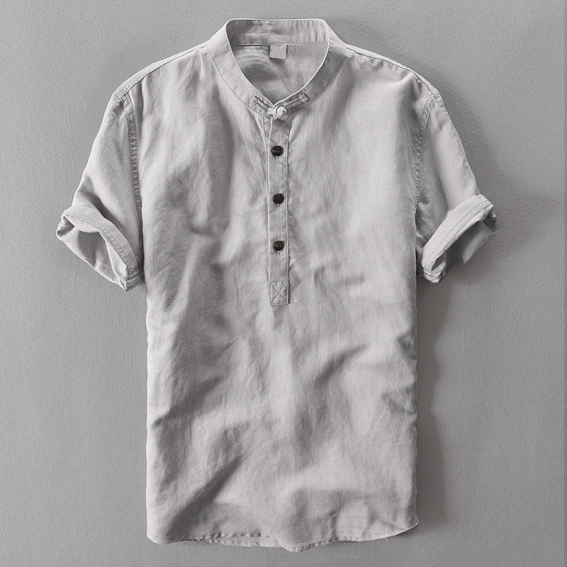 Men's Lightweight Linen Shirt - Short Sleeve, Mandarin Collar Casual Wear Grey
