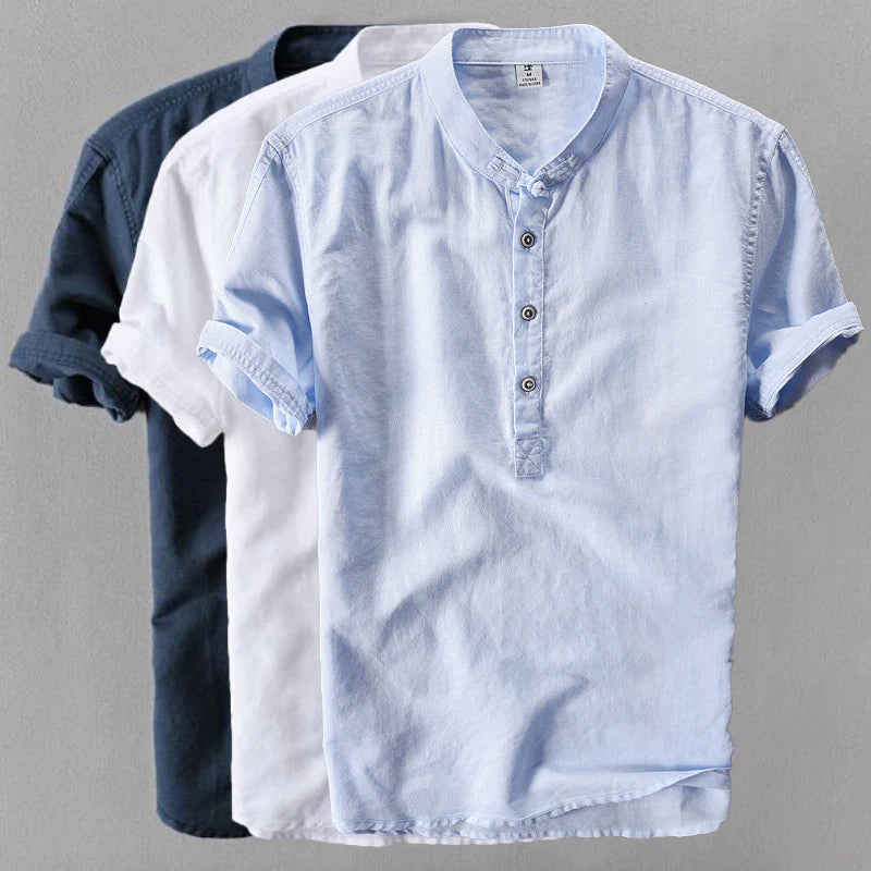 Men's Lightweight Linen Shirt - Short Sleeve, Mandarin Collar Casual Wear