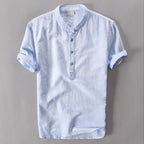 Men's Lightweight Linen Shirt - Short Sleeve, Mandarin Collar Casual Wear Light Blue