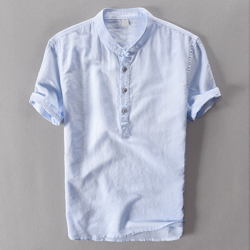 Men's Lightweight Linen Shirt - Short Sleeve, Mandarin Collar Casual Wear Light Blue