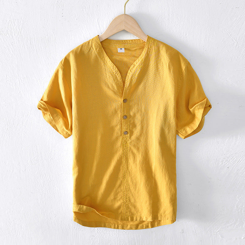 Men's Lightweight Linen Short Sleeve V-Neck Casual Shirt - Relaxed Fit Yellow