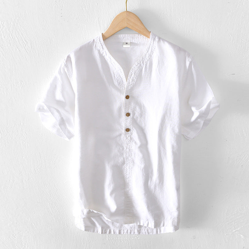 Men's Lightweight Linen Short Sleeve V-Neck Casual Shirt - Relaxed Fit White