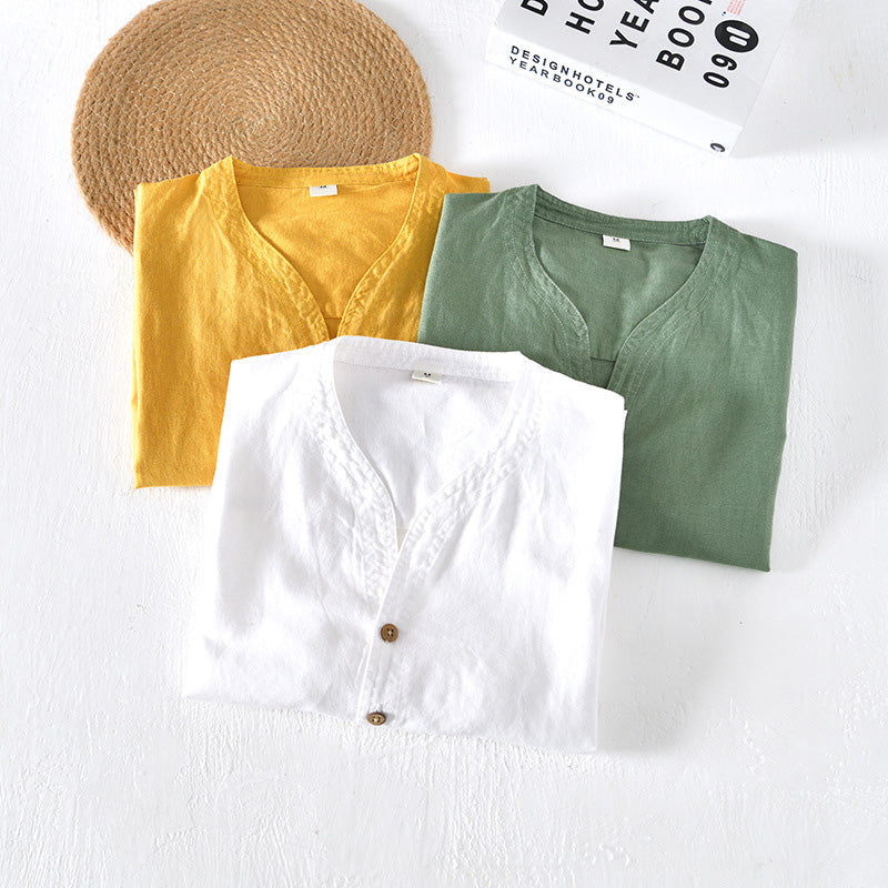 Men's Lightweight Linen Short Sleeve V-Neck Casual Shirt - Relaxed Fit