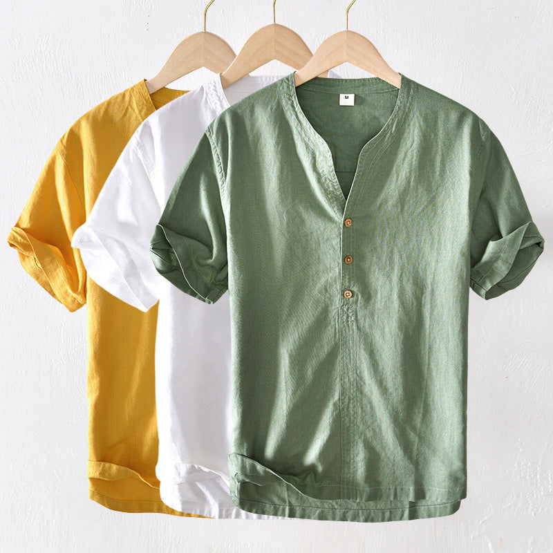 Men's Lightweight Linen Short Sleeve V-Neck Casual Shirt - Relaxed Fit