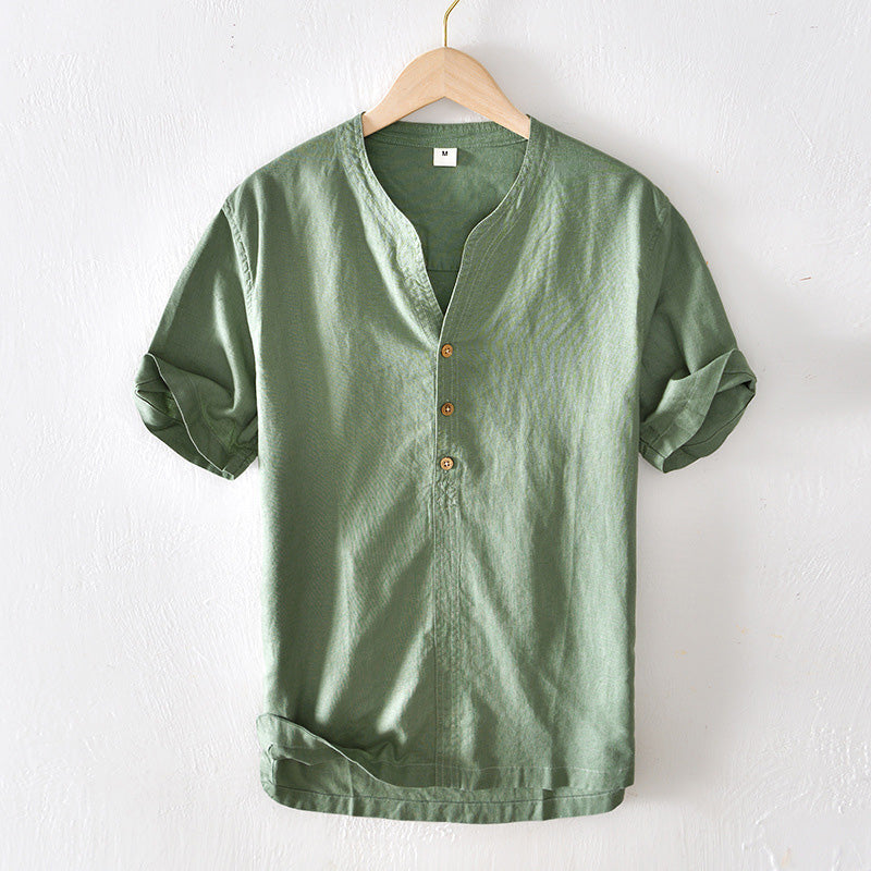 Men's Lightweight Linen Short Sleeve V-Neck Casual Shirt - Relaxed Fit Green