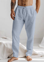 Men's Lightweight Linen Trousers - Relaxed Fit, Breathable, Drawstring Waist Light Blue