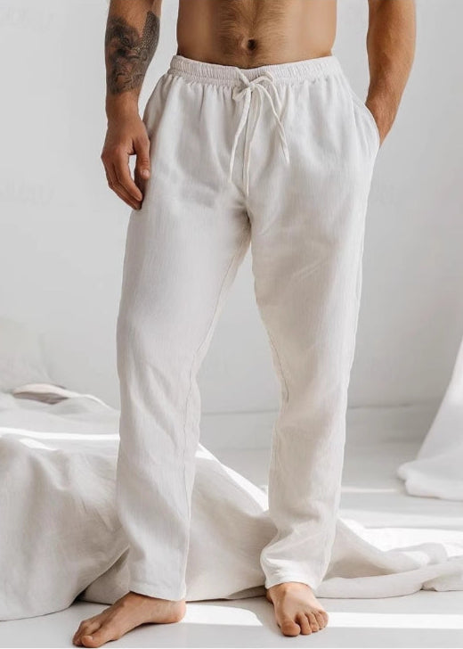 Men's Lightweight Linen Trousers - Relaxed Fit, Breathable, Drawstring Waist White