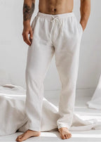 Men's Lightweight Linen Trousers - Relaxed Fit, Breathable, Drawstring Waist White