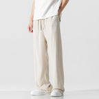 Men's Linen Blend Casual Trousers, Loose Fit, Full Length, Drawstring Off-White