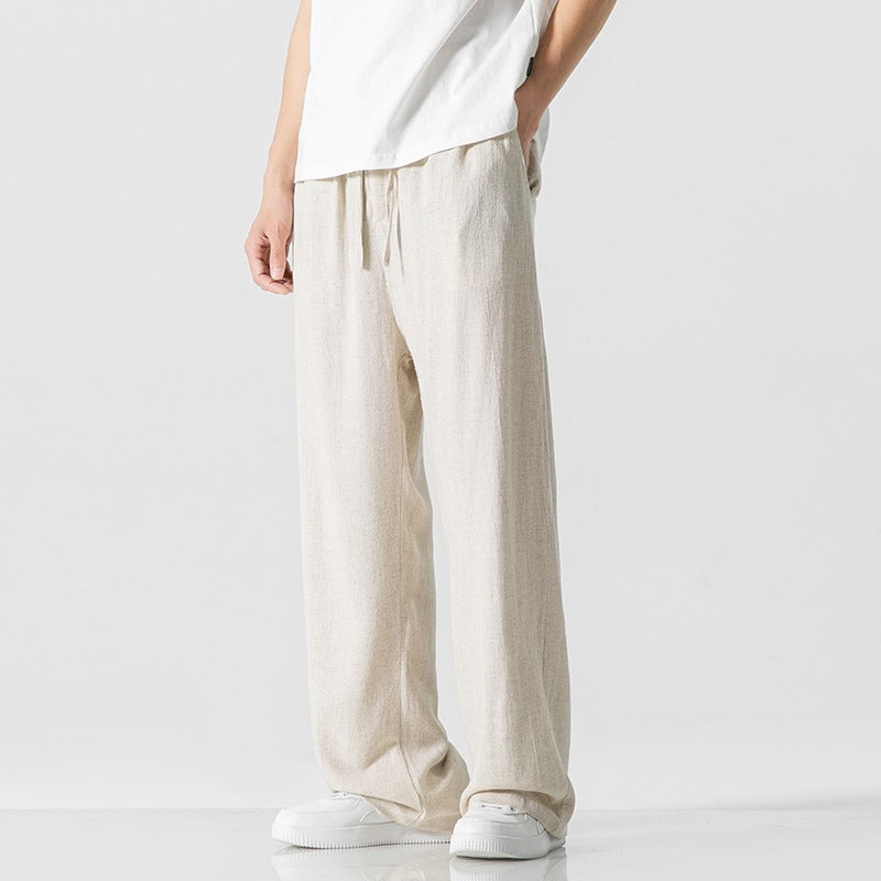 Men's Linen Blend Casual Trousers, Loose Fit, Full Length, Drawstring Off-White