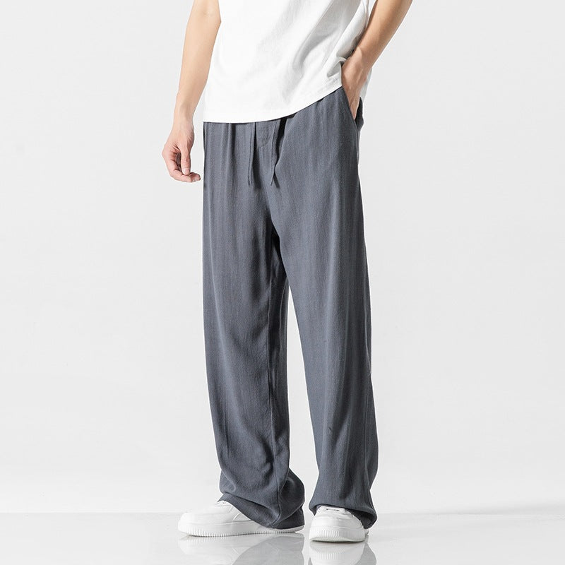 Men's Linen Blend Casual Trousers, Loose Fit, Full Length, Drawstring Grey