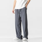 Men's Linen Blend Casual Trousers, Loose Fit, Full Length, Drawstring Grey