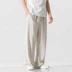 Men's Linen Blend Casual Trousers, Loose Fit, Full Length, Drawstring
