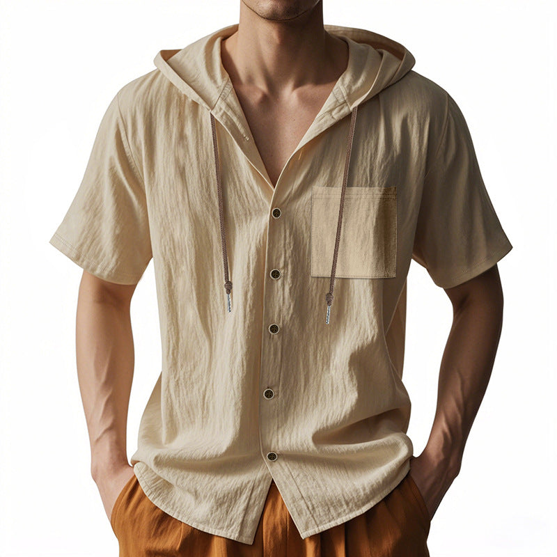 Men's Linen Blend Hooded Shirt - Relaxed Fit Short Sleeve Casual Top