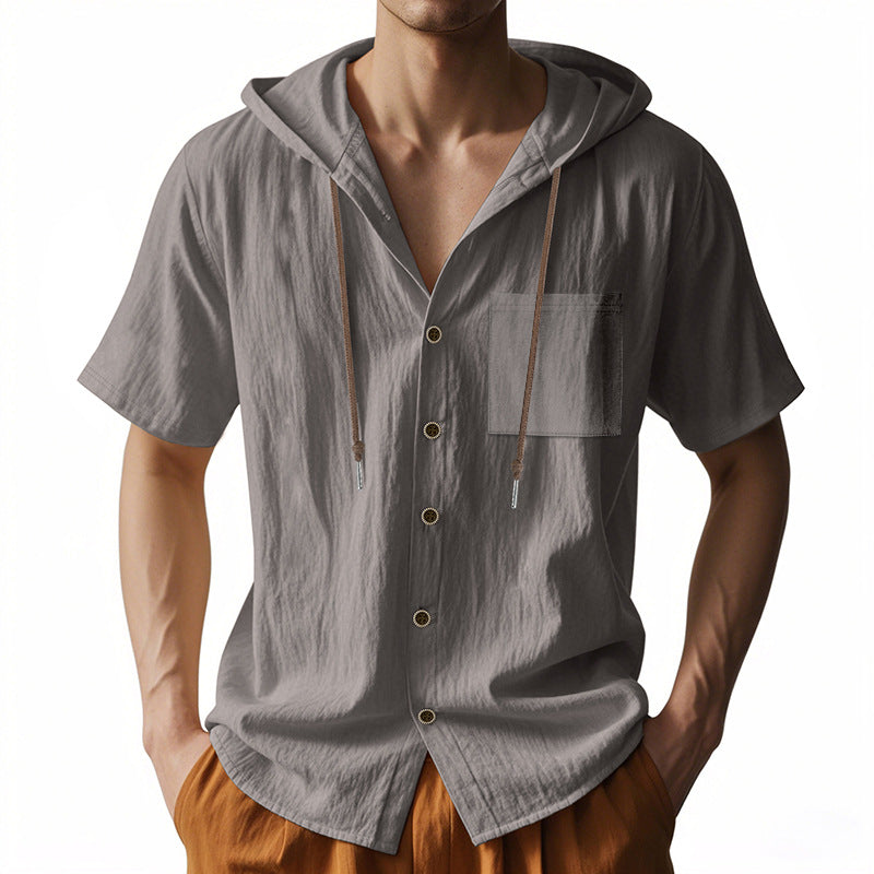 Men's Linen Blend Hooded Shirt - Relaxed Fit Short Sleeve Casual Top