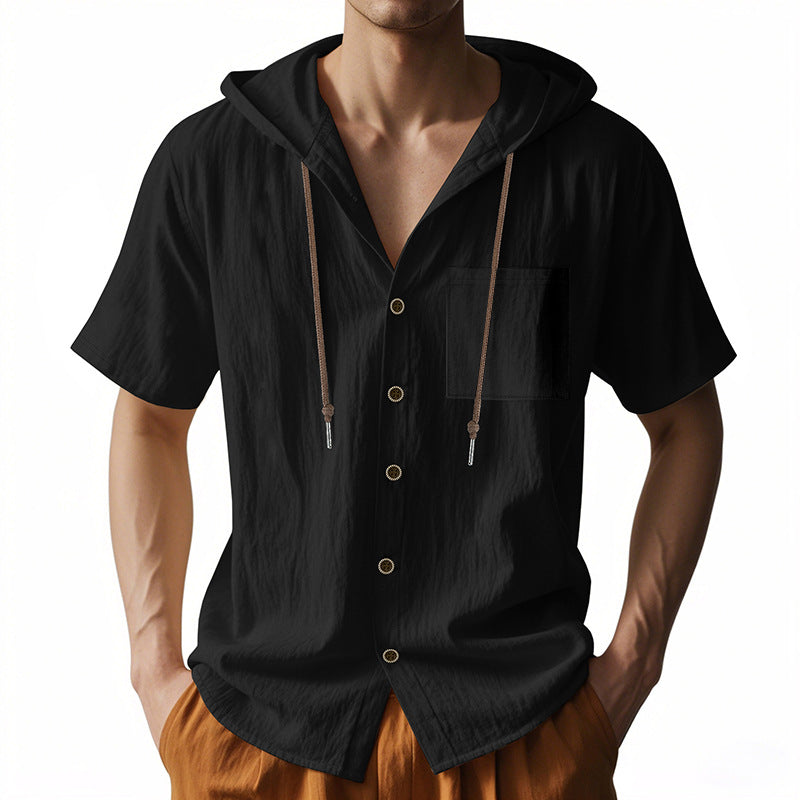 Men's Linen Blend Hooded Shirt - Relaxed Fit Short Sleeve Casual Top