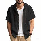 Men's Linen Blend Hooded Shirt - Relaxed Fit Short Sleeve Casual Top Black