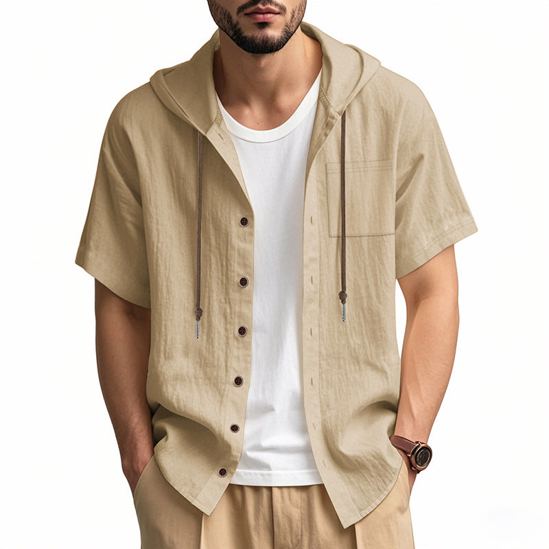 Men's Linen Blend Hooded Shirt - Relaxed Fit Short Sleeve Casual Top Off-White